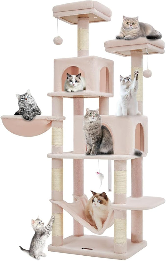 Taoqimiao Cat Tree, 66.2-Inch Cat Tower for Indoor Cats, Plush Multi-Level Cat Condo with 12 Scratching Posts, 2 Perches, 2 Caves, Hammock, 2 Pompoms, Jelly Pink MS013P