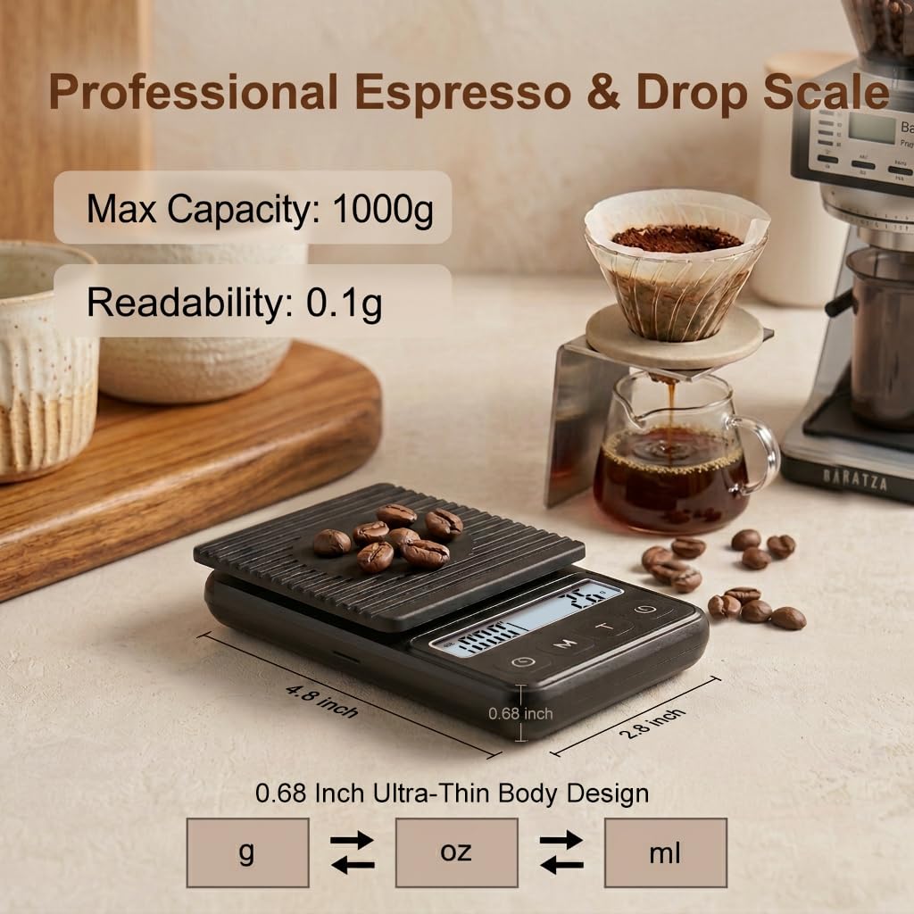 QP Mini Coffee Scale with Timer, 1kg/0.1g High Accuracy Espresso Scale