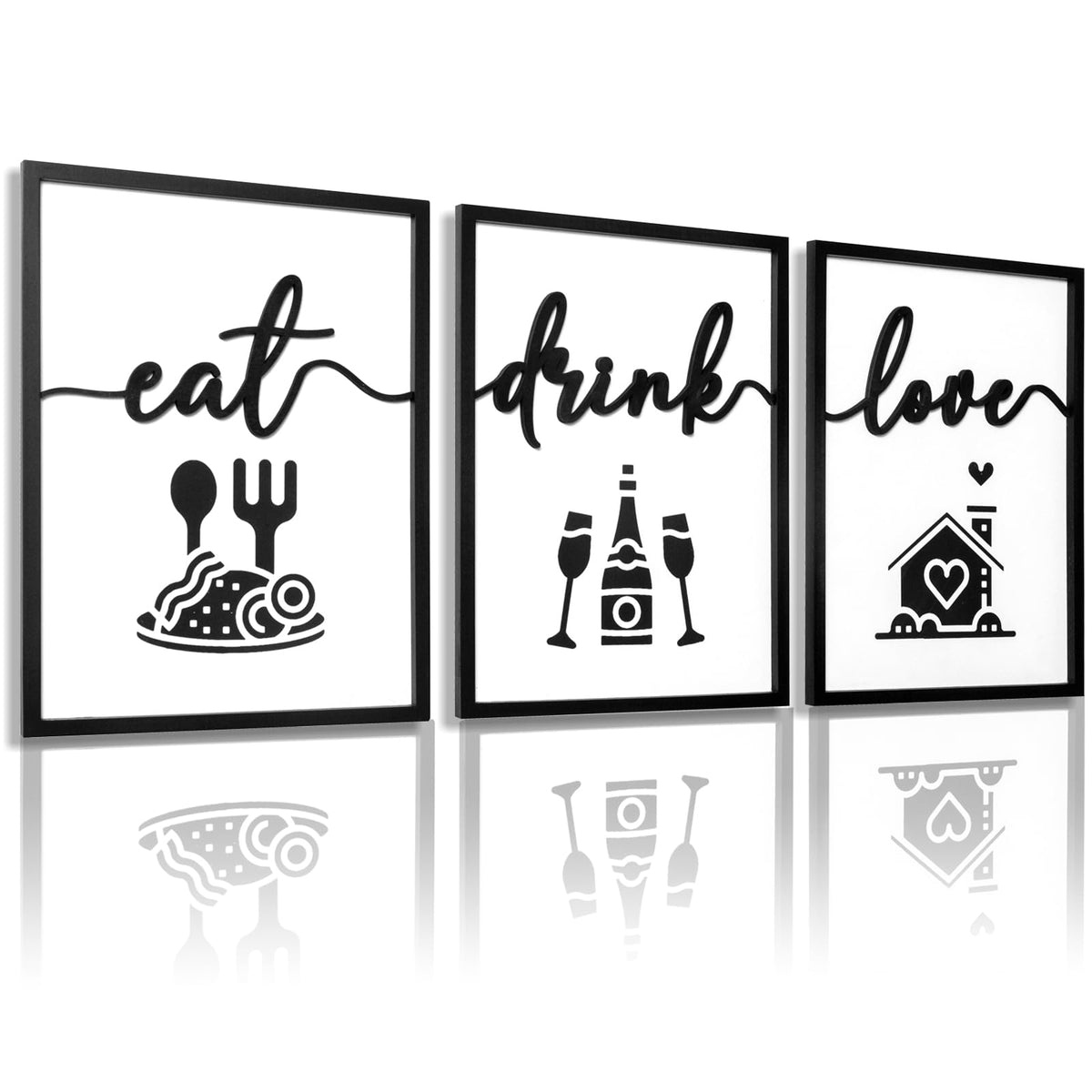 3D Wood Dining Room Wall Decor, Framed Kitchen Pictures Wall Art for Dining Room Wall Decor(Ready to Hang, 12x16 inches, Set of 3, Framed)