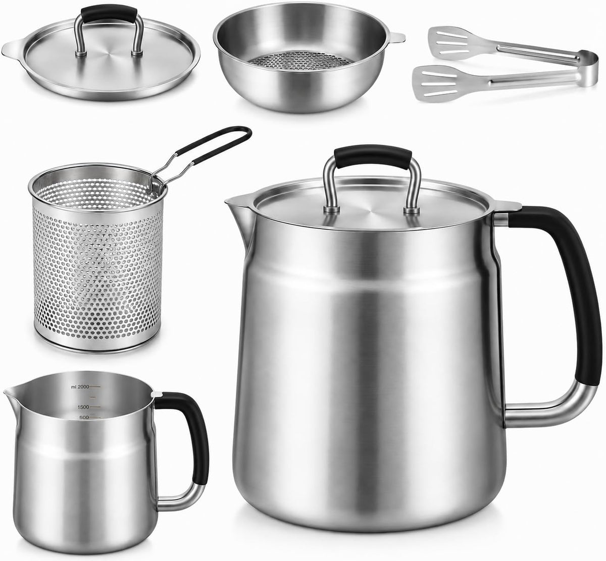 68oz 3-in-1 304 Stainless Steel Oil Filter Pot with Fine Mesh Oil Strainer & Tong, Heat-Resistant Handle, 2LCapacity Bacon Grease Container for Kitchen & Camping,Multi-Functional Frying Oil Container.