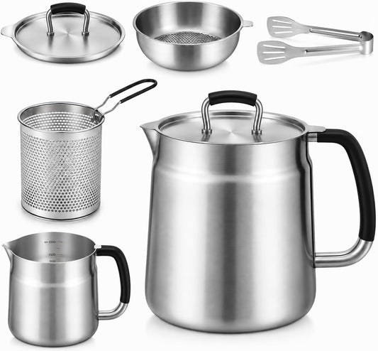 68oz 3-in-1 304 Stainless Steel Oil Filter Pot with Fine Mesh Oil Strainer & Tong, Heat-Resistant Handle, 2LCapacity Bacon Grease Container for Kitchen & Camping,Multi-Functional Frying Oil Container.