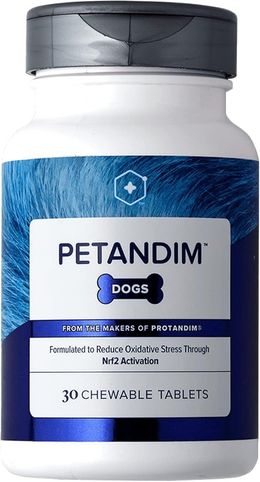 Petandim Dog Vitamins (30 Chewable Tablets), Antioxidants Reduce Oxidative Stress, Joint Supplement for Dogs, Skin and Coat Supplement, Omega-3 & Collagen for Dogs, Chicken + Bacon Flavor