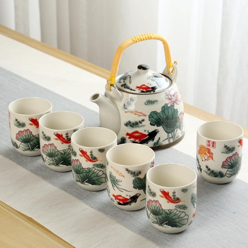 MOZEO 27oz Large Teapot Set Ceramic Tea Maker with Stainless Steel Infuser for Loose Leaf Tea or Bags Tilting Pot Floral Tea Kettle with 6pcs Cups (Lotus)