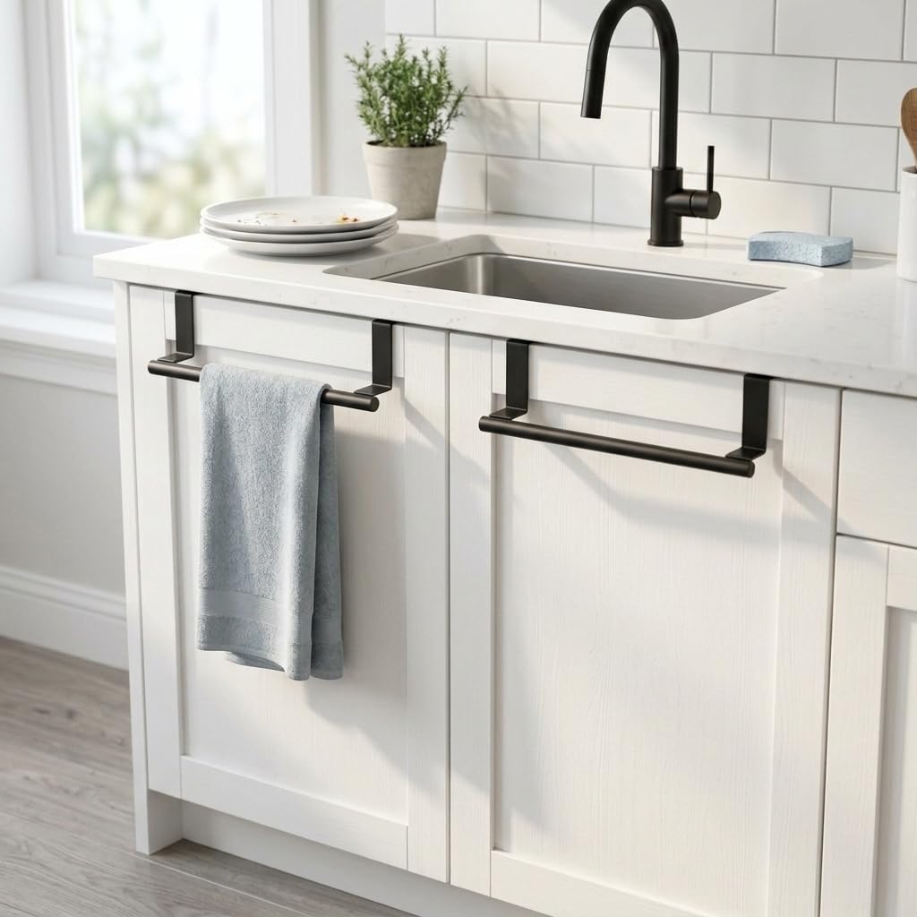 Qflushor Cabinet Door Towel Bar, Kitchen Towel Holder, Matte Black 2 Pack