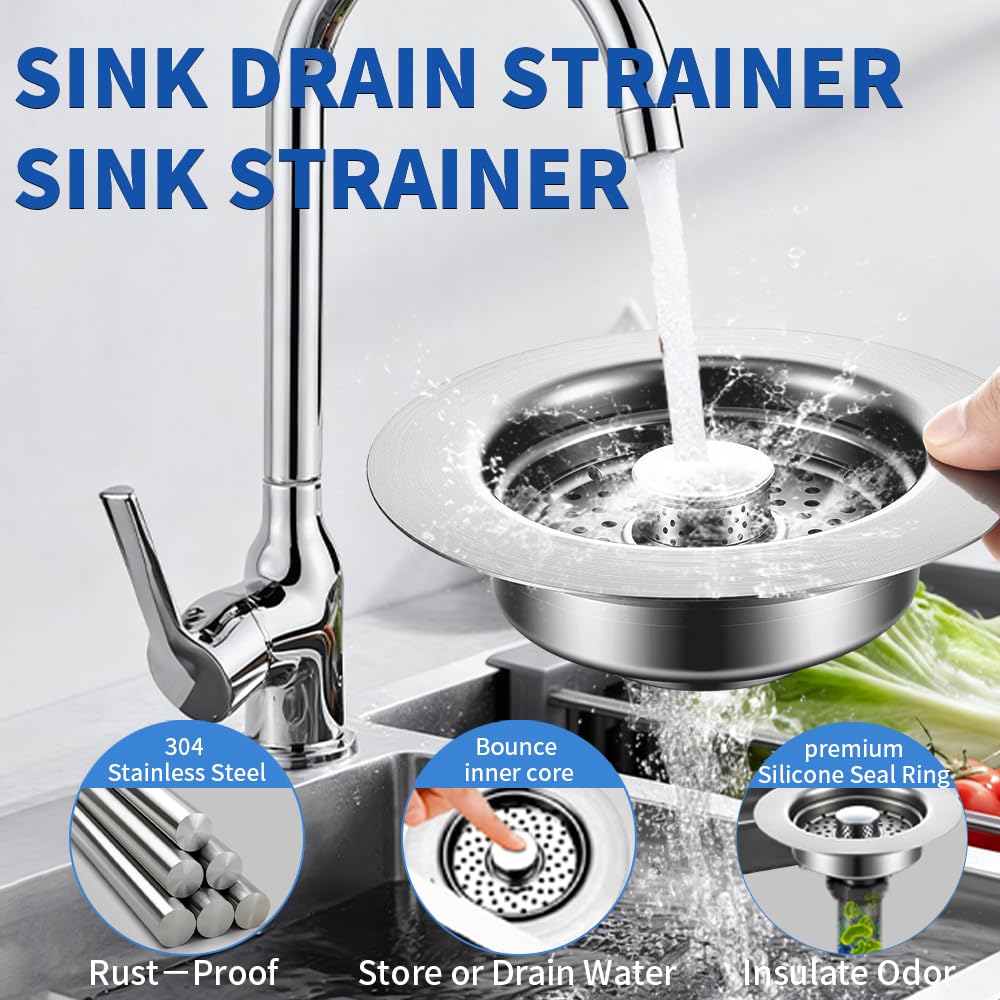 Sink Drain Strainer - Sink Stopper, 3-in-1 Kitchen Stainless Steel Drain Plug with Anti-Clog Basket, Pop-Up Cover