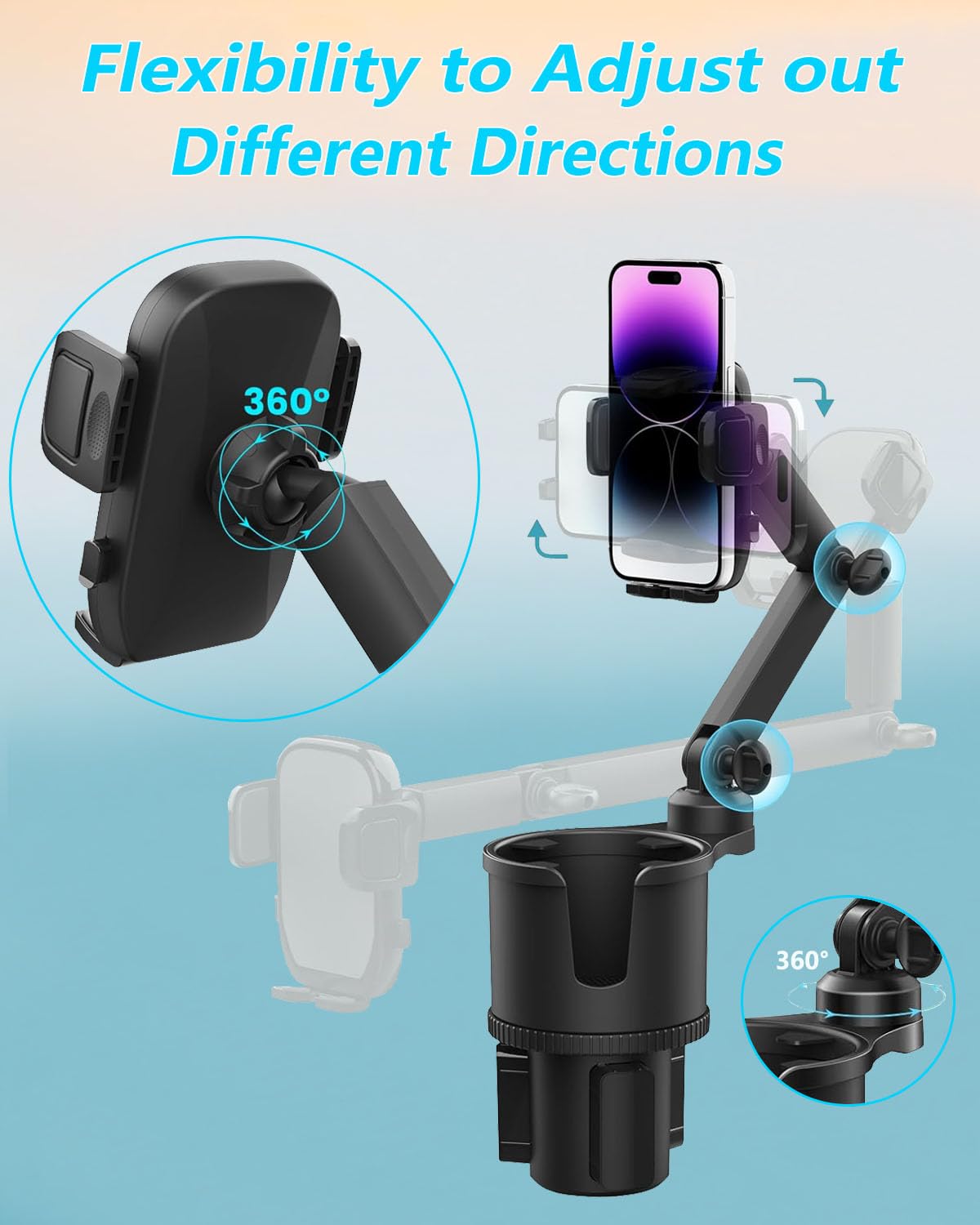 Easkkty 2-in-1 Cup Phone Holder for Car, 360° Adjustable Car Phone Mount