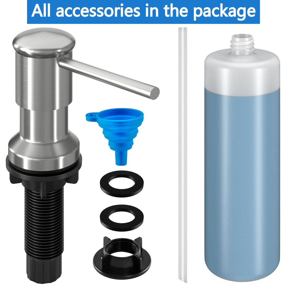 Dish Soap Dispenser, Kitchen Sink Soap Dispenser Pump with 17 OZ Bottle, Refill from The Top, Wide Pump Head Base (Brushed Nickel)