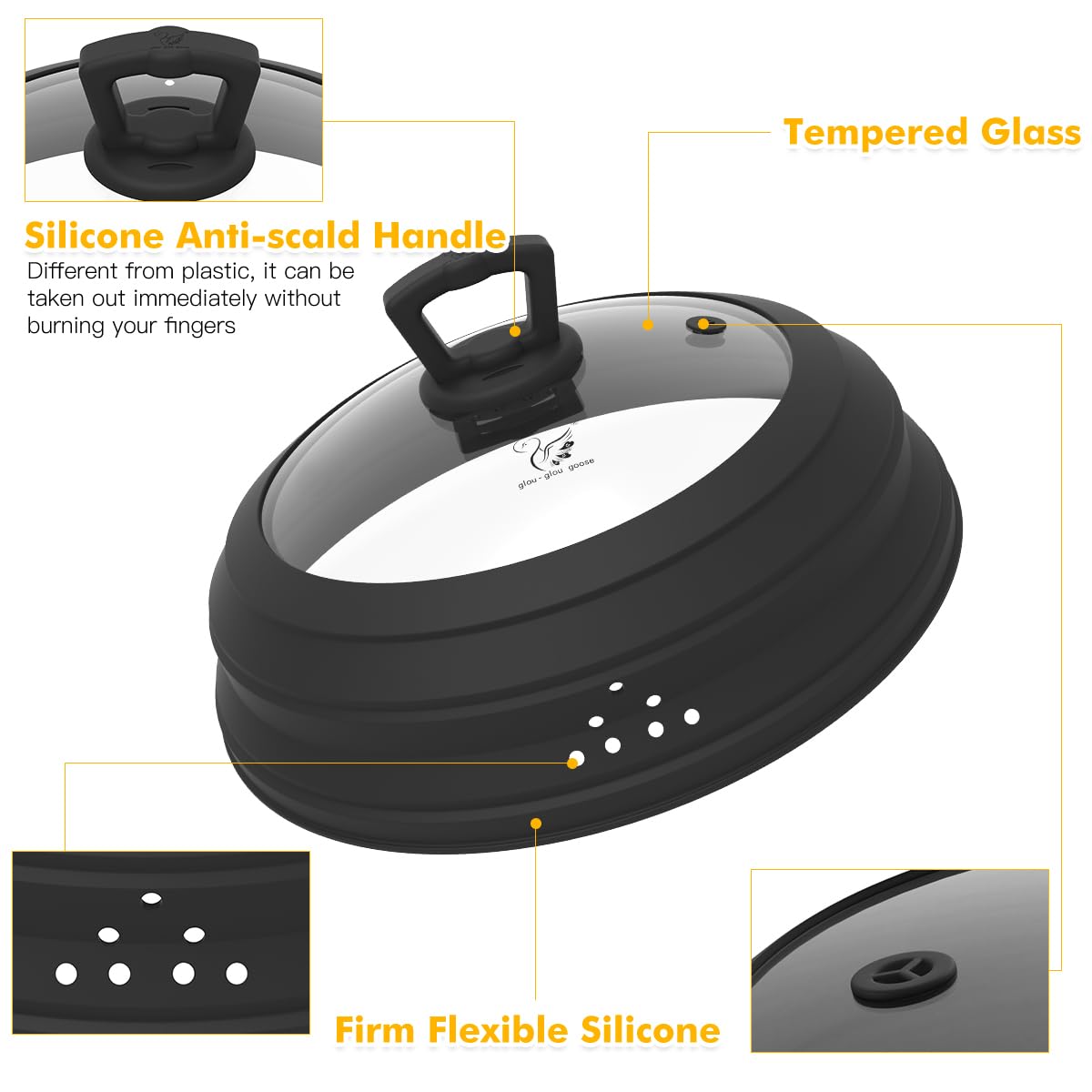 Microwave Splatter Cover Vented Glass Splatter Guard Lid with Collapsible Silicone for Food as Pot Cover Plate 10.8 inch for 6 7 8 9 10 inch Plate Bowl