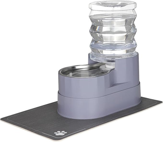 Sfozstra Automatic Gravity Water Dispenser: 5L Gray Stainless Steel Pet Bowl Waterer with Waterproof Pad - Raised Edge Water Feeder for Cats & Small Dogs Indoor/Outdoor
