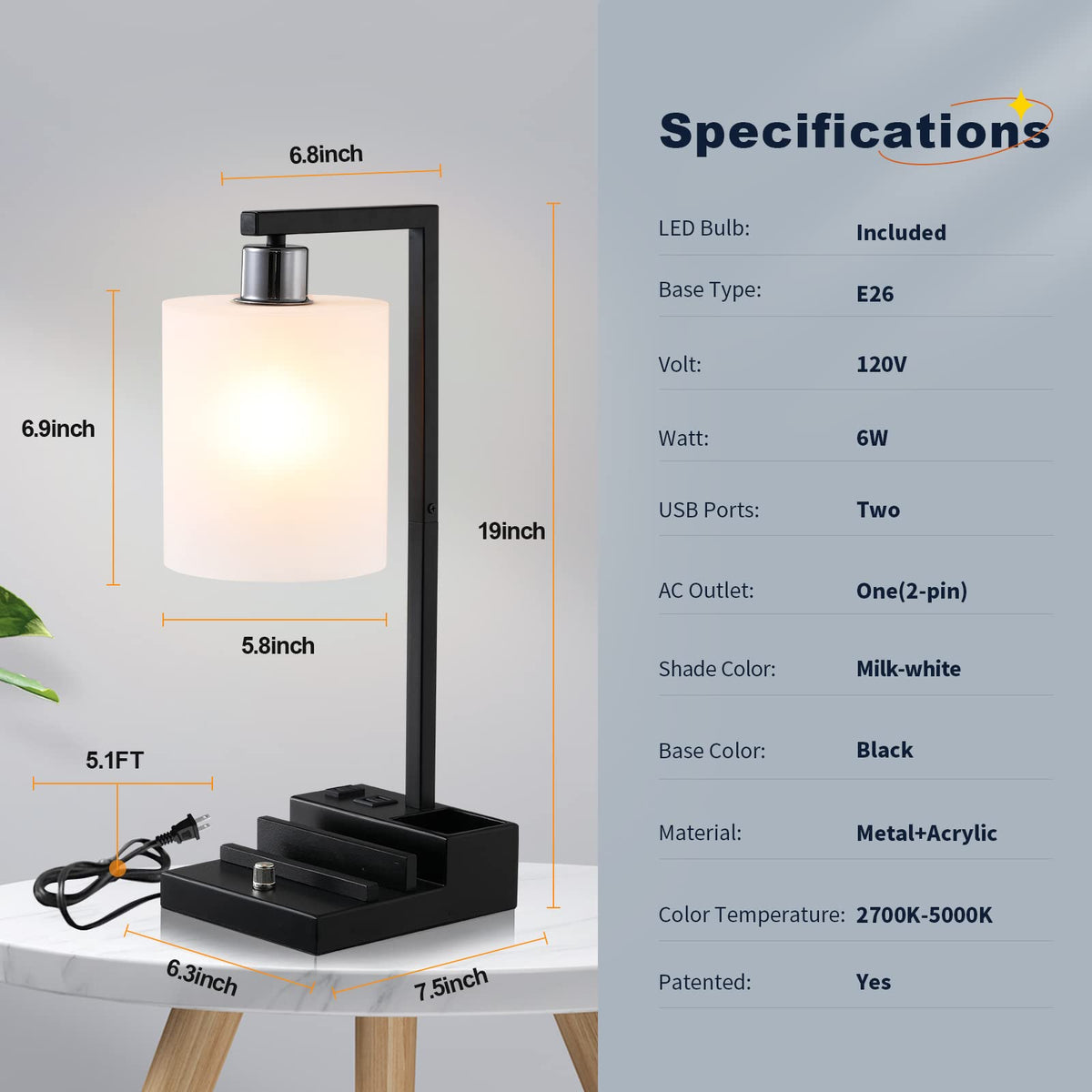 Bedroom Lamps for Nightstand, 3 Color Temperature Nightstand Lamp Bedside Lamps with Dual USB Ports and Outlet, Modern Table Lamp Built-in Pen Holder & Phone Stands, Energy Saving LED Bulb Included