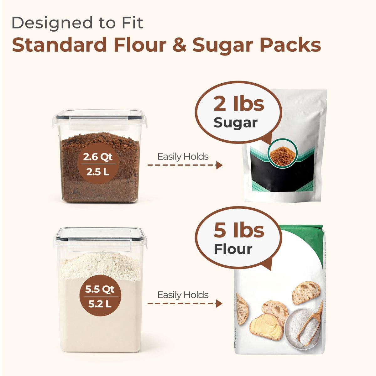 ComSaf Airtight Flour and Sugar Container 2.6Qt & 5.5Qt 3Pack, Wide Mouth