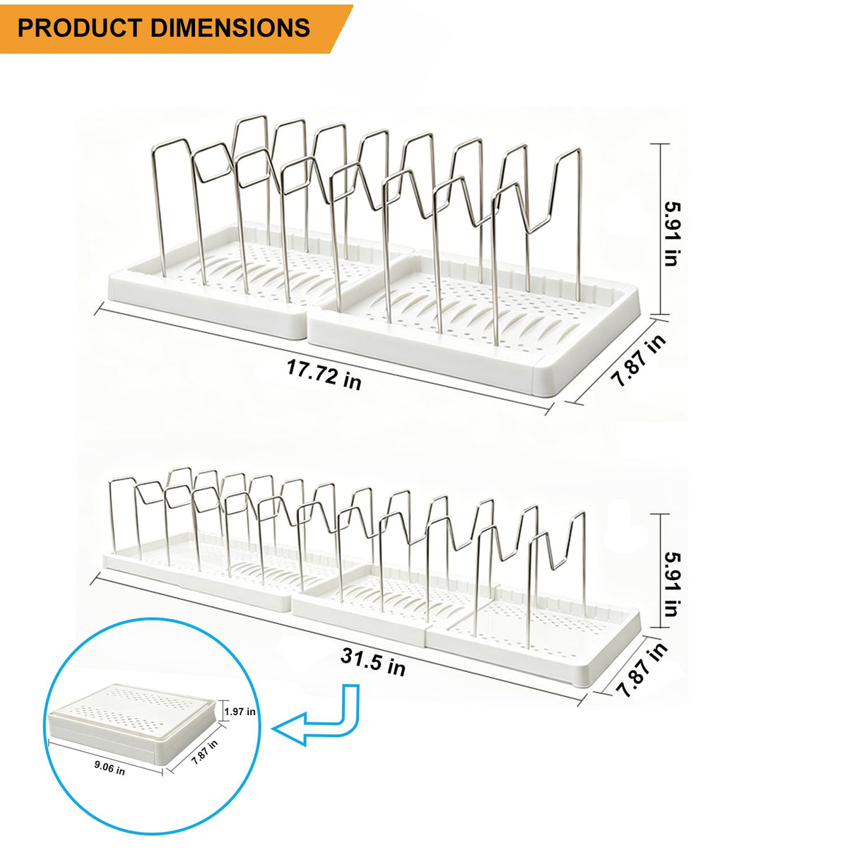 Expandable Pots and Pans Organizer Rack with 12 Stainless Steel Dividers