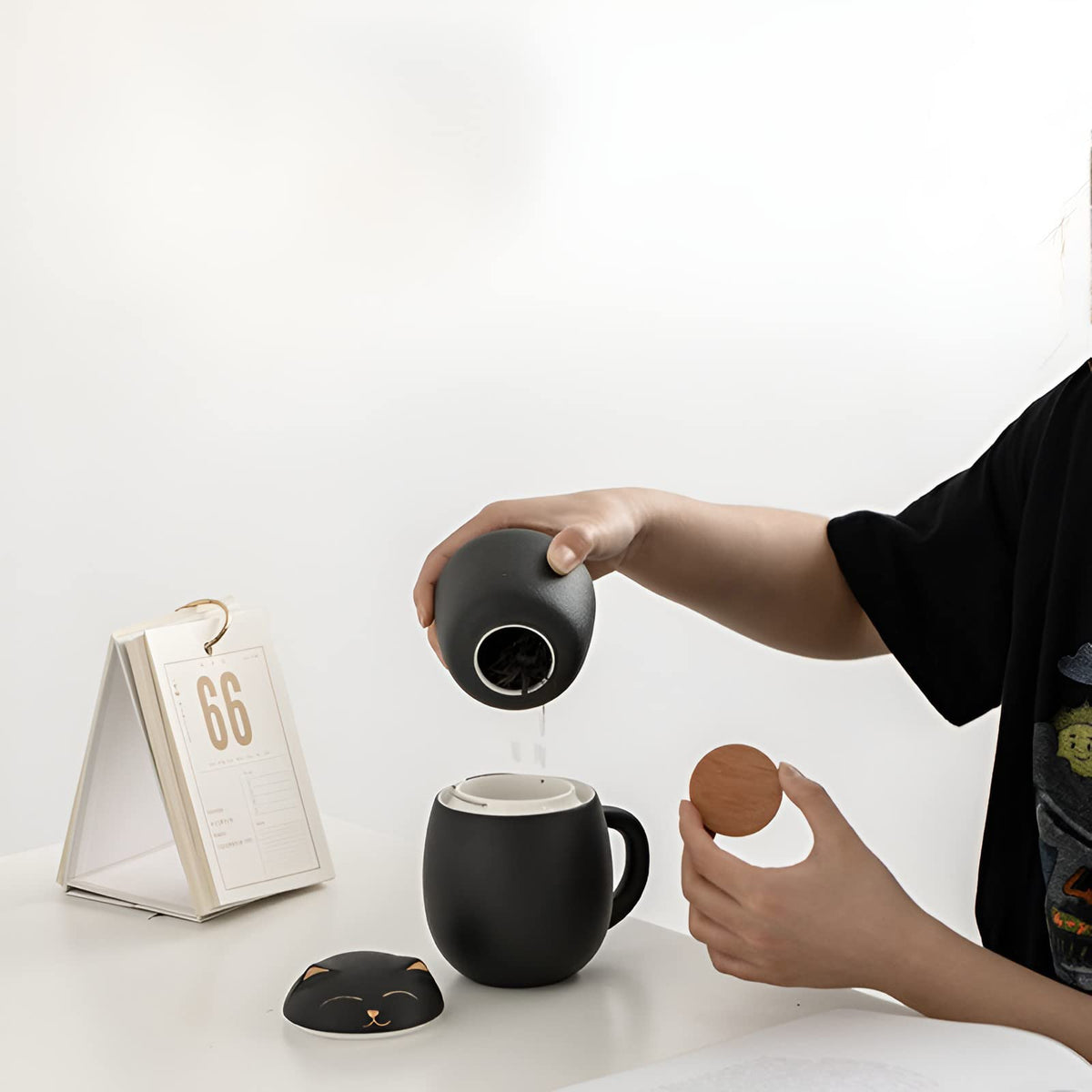 Cat Ceramic Tea Mug with Infuser & Lid Leaf Tea Cup for Home Office(Black)