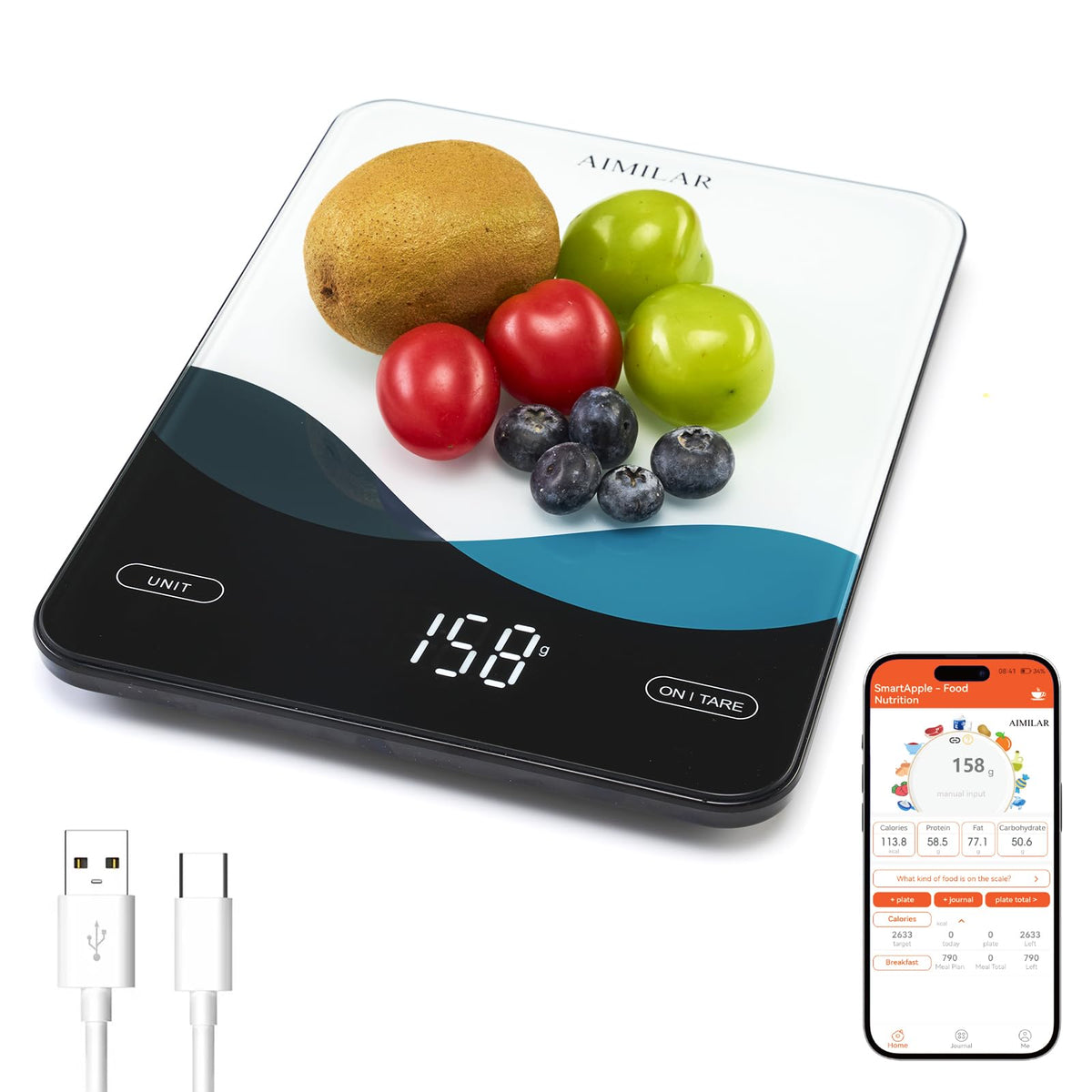 AIMILAR Bluetooth Smart Kitchen Scale 10kg/22lb - Nutrition Food Scale with App Calorie & Macro Tracker, 19+ Nutrients Analysis, USB-C Rechargeable, Tempered Glass, LED Display
