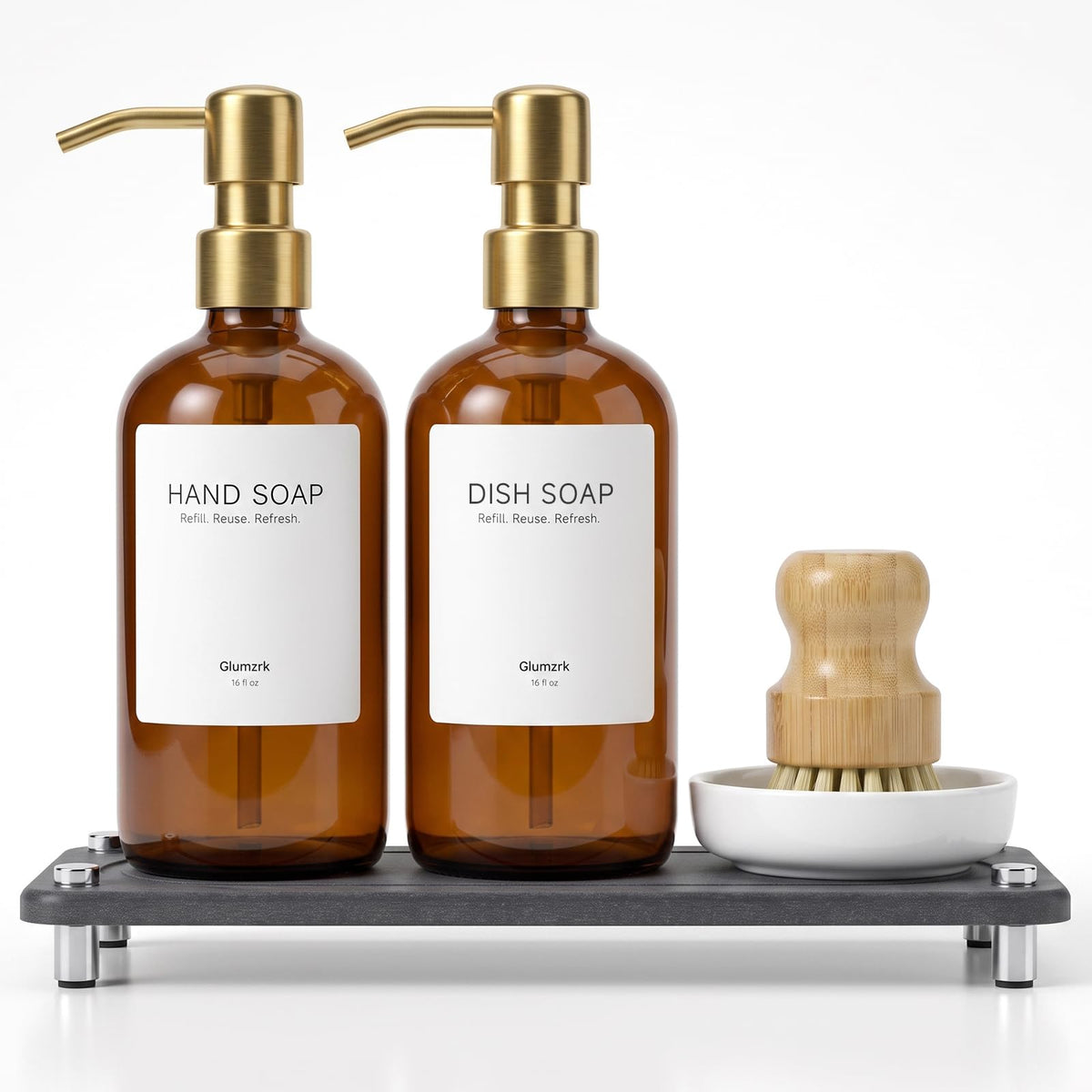 Kitchen Soap Dispenser Set, 2 Pack 16oz Amber Glass Dish Soap and Hand Soap Dispenser with Gold Stainless Steel Pumps, Quick Dry Tray, Dish Brush & Holder, Refillable Soap Dispenser for Kitchen Sink