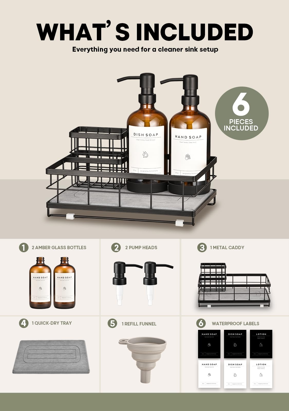 [Extra Large] Kitchen Soap Dispenser Set, 2 Glass Dish Soap Dispensers with Stainless Steel Pumps, Quick-Dry Stone Tray, Sink Caddy Organizer with Sponge Holder, All-in-One Countertop Organization Set