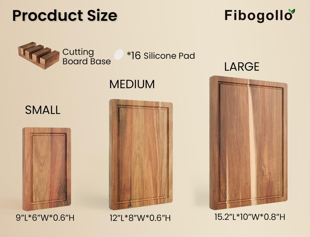 Fibogollo Set of 3 Acacia Wood Kitchen Cutting Boards with Holder