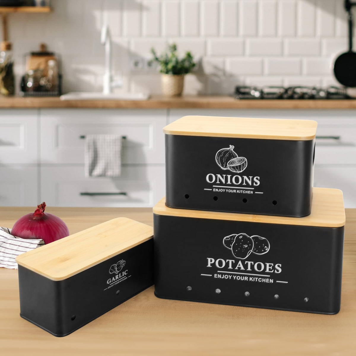 Dekosilave Kitchen Vegetable Storage Set of 3, Metal Onion Garlic Potato Storage Set, Kitchen Canisters Vegetable Keeper Containers with Aerating Holes and Bamboo Lid,Black