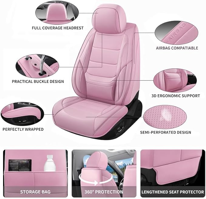Car Seat Covers Full Set Custom Fit for Mercury Milan 2006-2011 - Premium Leather with Lumbar Support, Breathable, Anti-Slip & Excellent Seating Experience (Pink, Full Set)