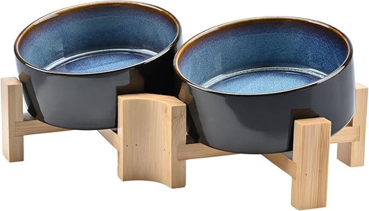 SPUNKYJUNKY 15° Slanted Ceramic Dog and Cat Bowl with Wooden Stand, Tilted Bulldog Food and Water Bowl No Slip Non-Spill for Cats Medium Dogs Big Face Pets 13.5 OZ (1.7 Cups, Starry Blue × 2)