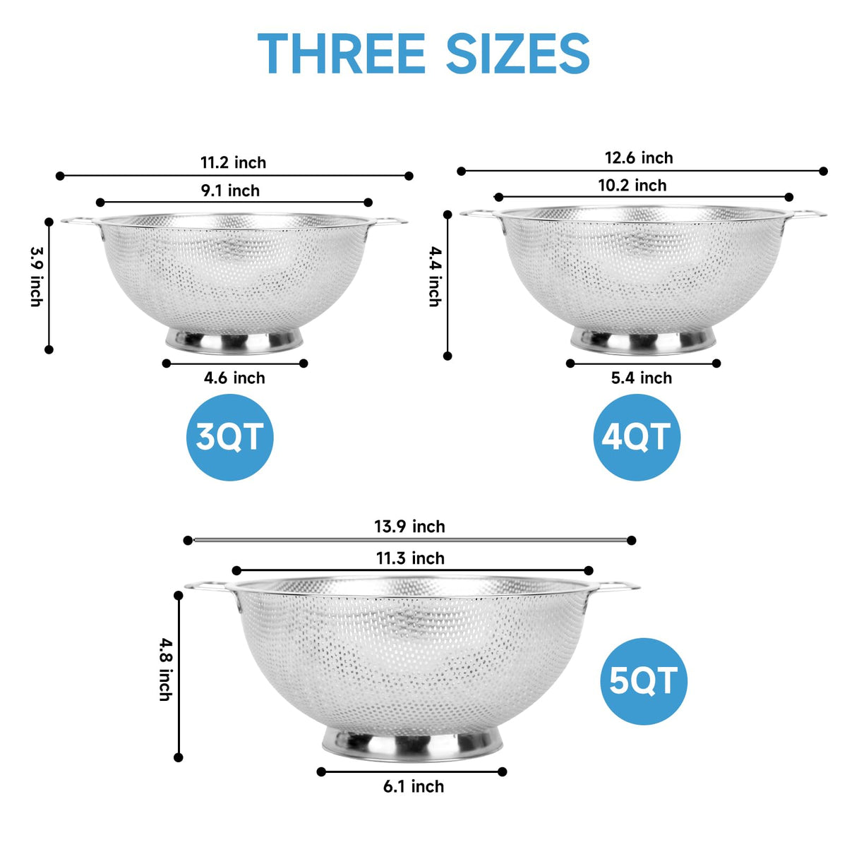 3PCS Colander for Kitchen, 3QT & 4QT & 5QT, Stainless Steel Colander Strainer with Handle for Fruits Vegetables Cooking Food, Dishwasher Safe