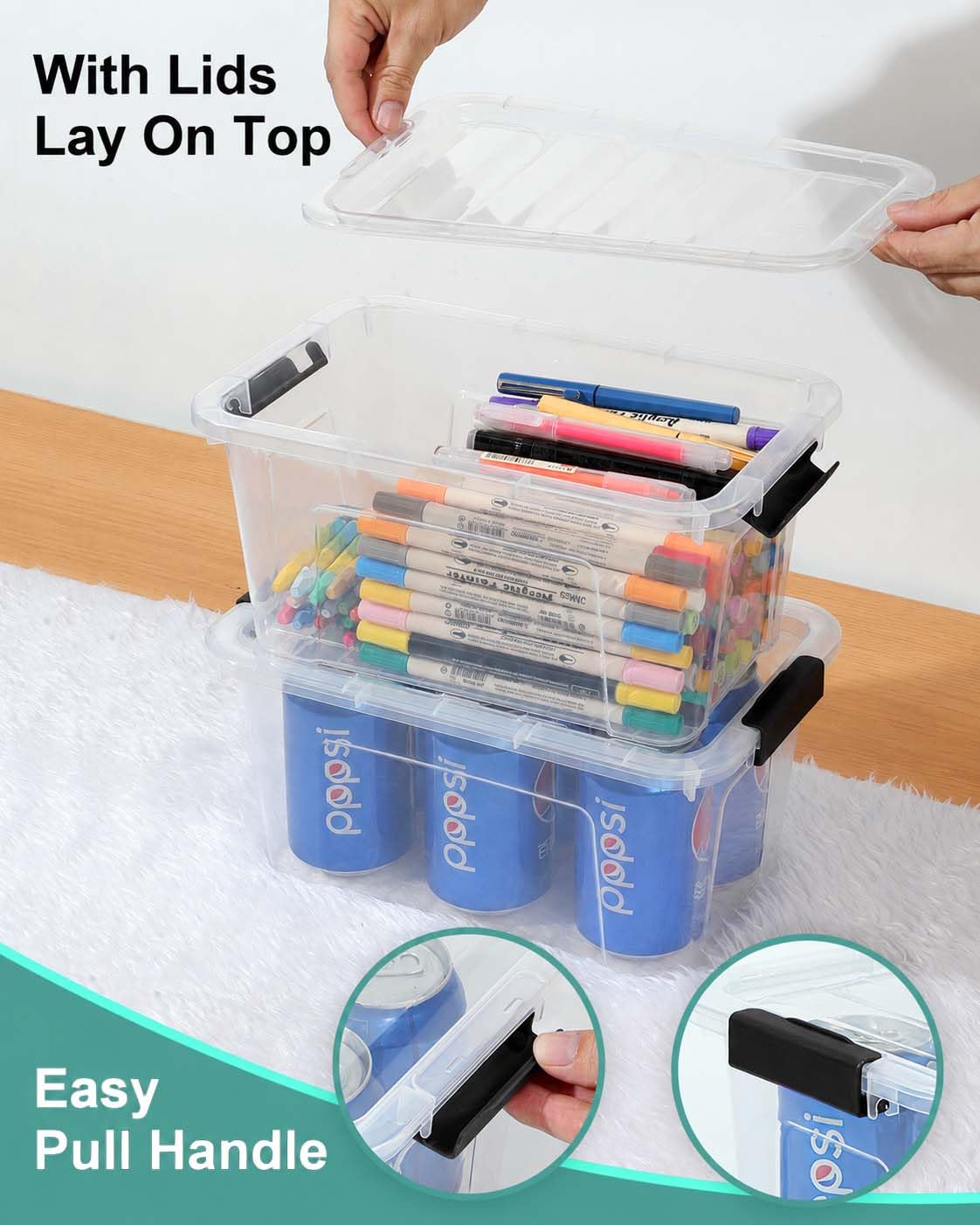 EOENVIVS Plastic Storage Bins with Lids 6 Pack, 6.7 Quart Storage Containers With Black Buckle Latch, Stackable Storage Organizers for Home Pantry Office Classroom Organization, Clear