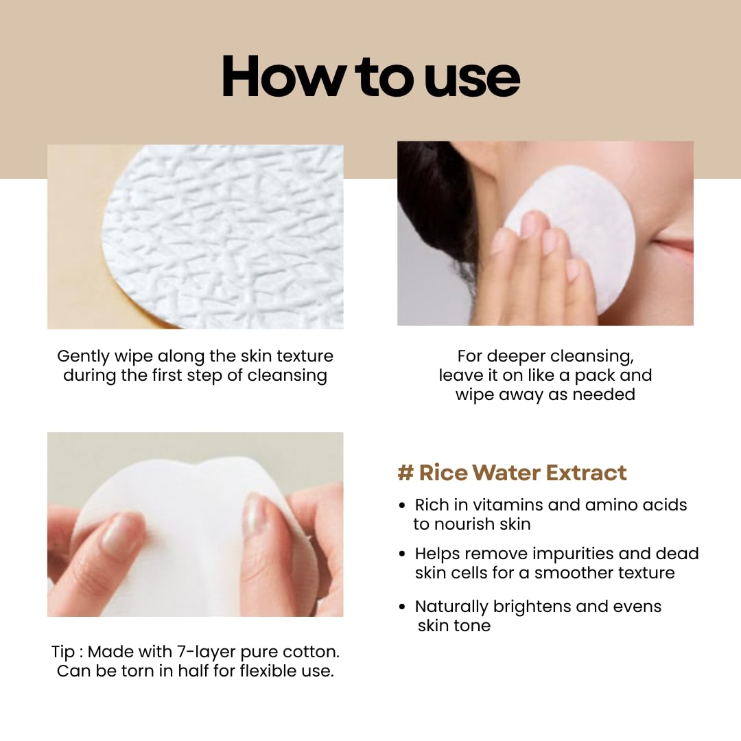 SOMISOME Rice Water Cleansing Pads – Makeup Remover Wipes & Korean Toner Pads with Centella Asiatica, Exfoliating for Blackhead Removal & Pore Minimizer, 50 Pad