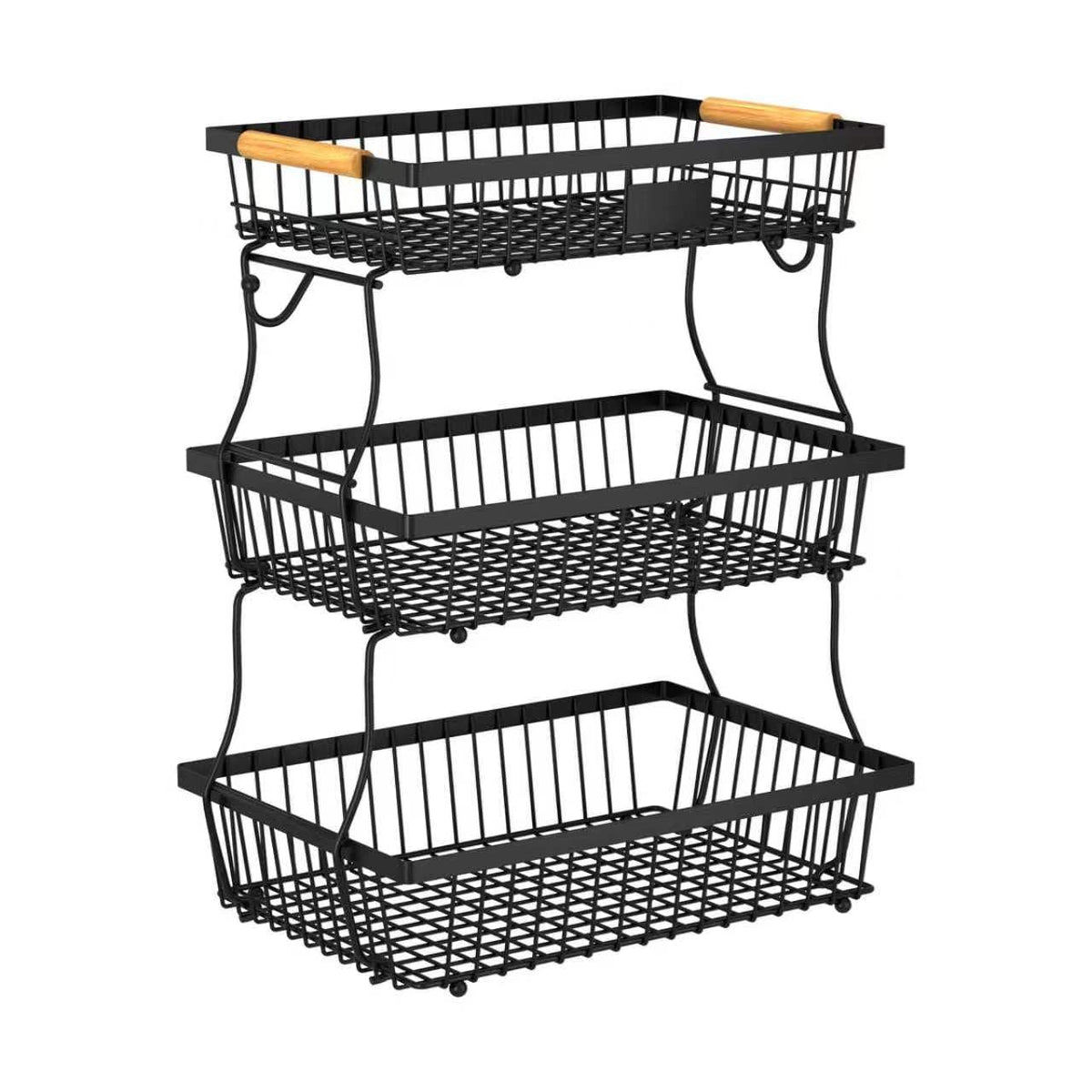 Astrorhine 3 Tier Fruit Basket for Kitchen Counter with 2 Banana Hangers, Countertop Metal Fruit Bowl with Wooden Handle, Large Storage Stand for Vegetables, Snacks, Breads, Produce Storage – Black