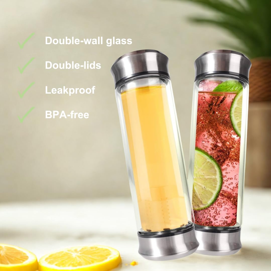 Double Wall Glass Tea Bottle with Infuser - Loose Leaf Tea Steeper, Insulated Cup, Fruit Brewer, Glass Mug With Double Lids - Portable Brewer - Water Infuser Bottle - 13.5 & 10 oz (13.5 oz)