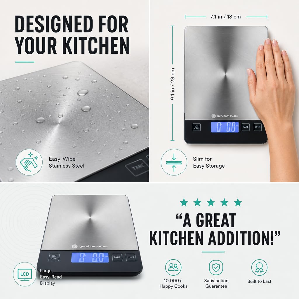 Digital Kitchen Scale – Accurate 33lb Food Scale, Measures in Grams & Ounces, USB Rechargeable, Tare Function, 5 Units – Ideal for Cooking, Baking & Meal Prep