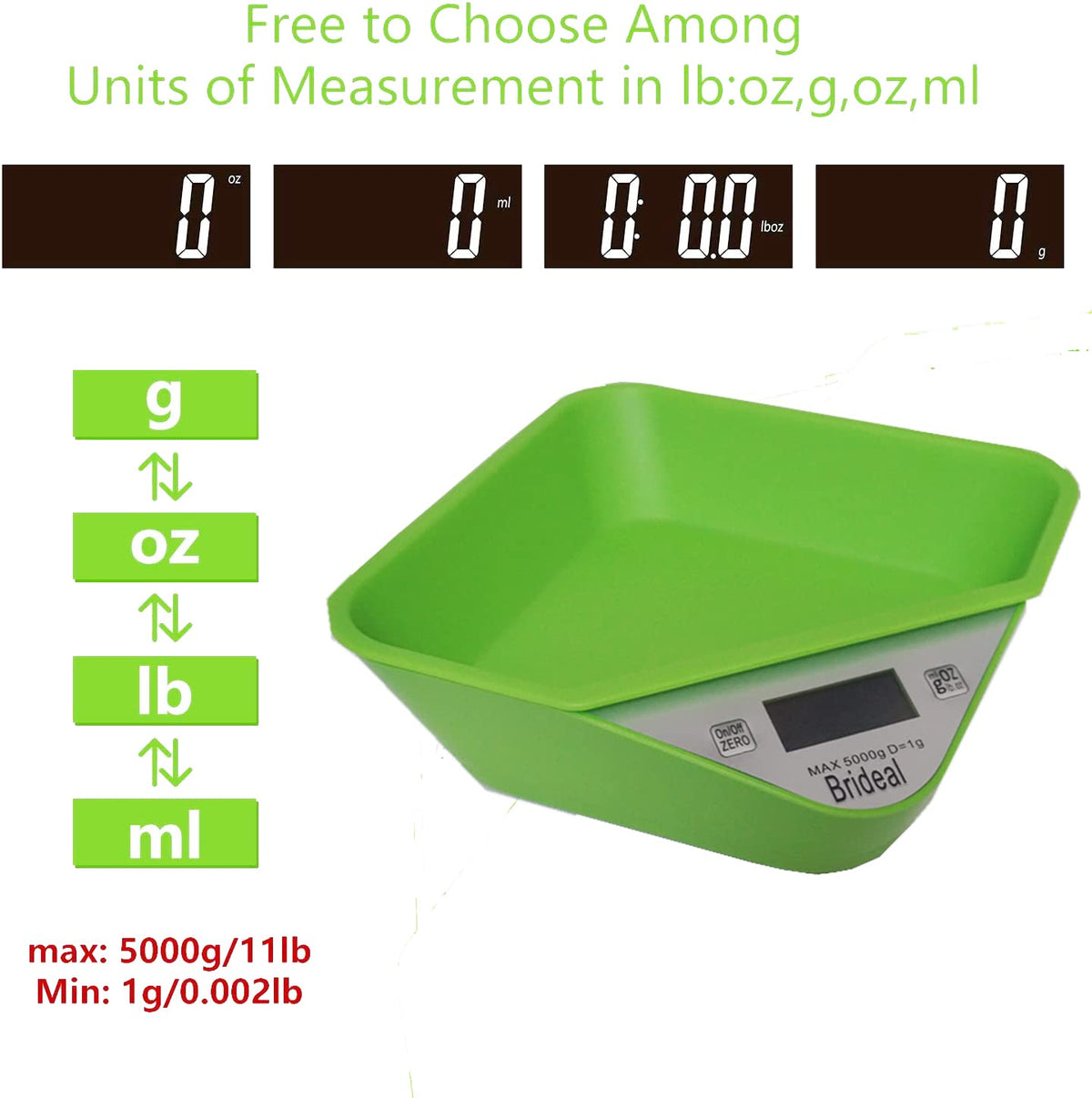 Brideal Digital Kitchen Food Scale Multifunction Electronic Food Scales with Removable Bowl Max 11lb/5kg