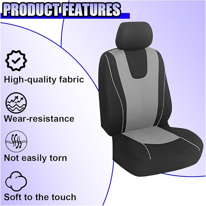 YoRise 2PCS Car Seat Covers, Comfortable Breathable Front Seat Covers, Highly Elastic Automotive Seat Protector Cover Accessories for RV, SUV, Truck, Sedan (Gray)