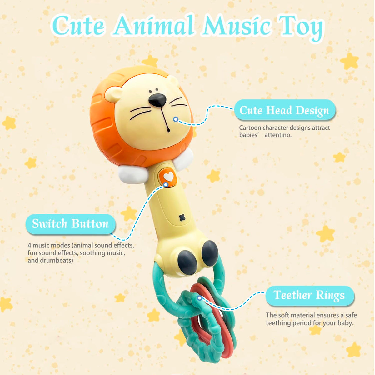 Cute Lion Baby Musical Rattle Toy 6-12-18 Months, Light-Up Teether & Sensory Chew Rubber 1st Birthday Gift for 1+ Year Old Boys Girls (Lion)