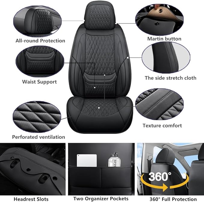 Front Seat Car Seat Covers Custom Fit for Chevrolet/Chevy Malibu 2000-2026 - Premium Faux Leather with Lumbar Support | Breathable, Waterproof, Anti-Slip, Durable (Black,Front Seat)