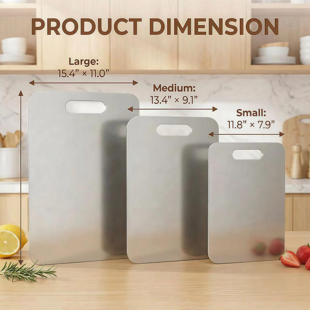 Stainless Steel Cutting Boards for Kitchen, 3 PCS 304 Non Toxic Metal Chopping Board Set, Dishwasher Safe & Warp Proof (15.3"x11", 13.4"x9", 11.8"x7.9" Inch)