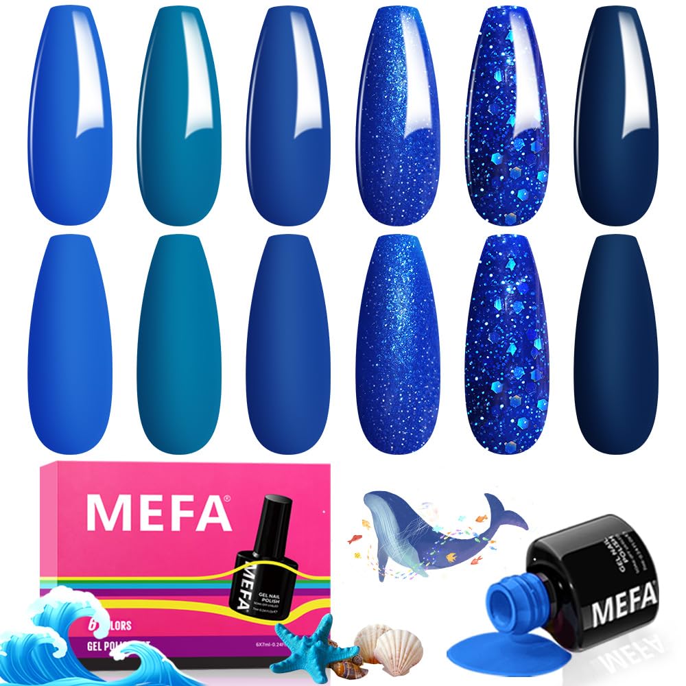 Mefa Blue Gel Nail Polish Set,6 Colors Midnight Navy Sapphire Blue Nail Polish Azure Glitter Dark Shades Starter Kit Soak Off Bl