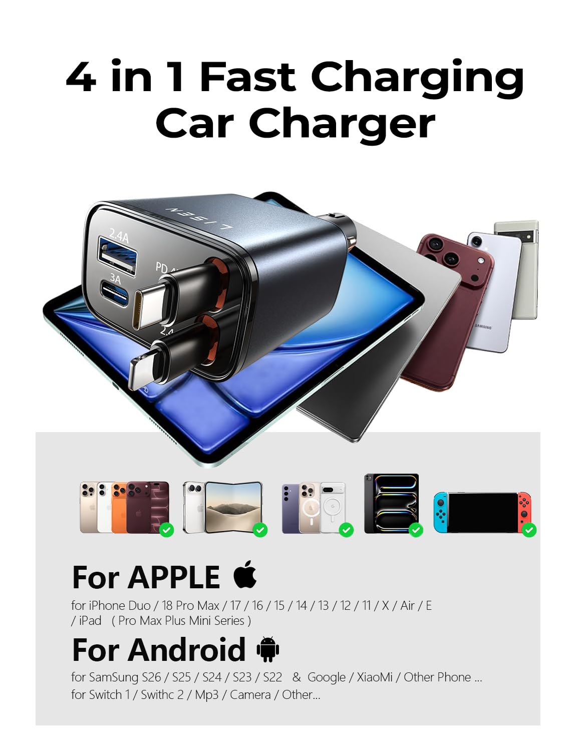 LISEN Retractable Car Charger, 84W Car Charger USB C Fast Charge,4 in 1