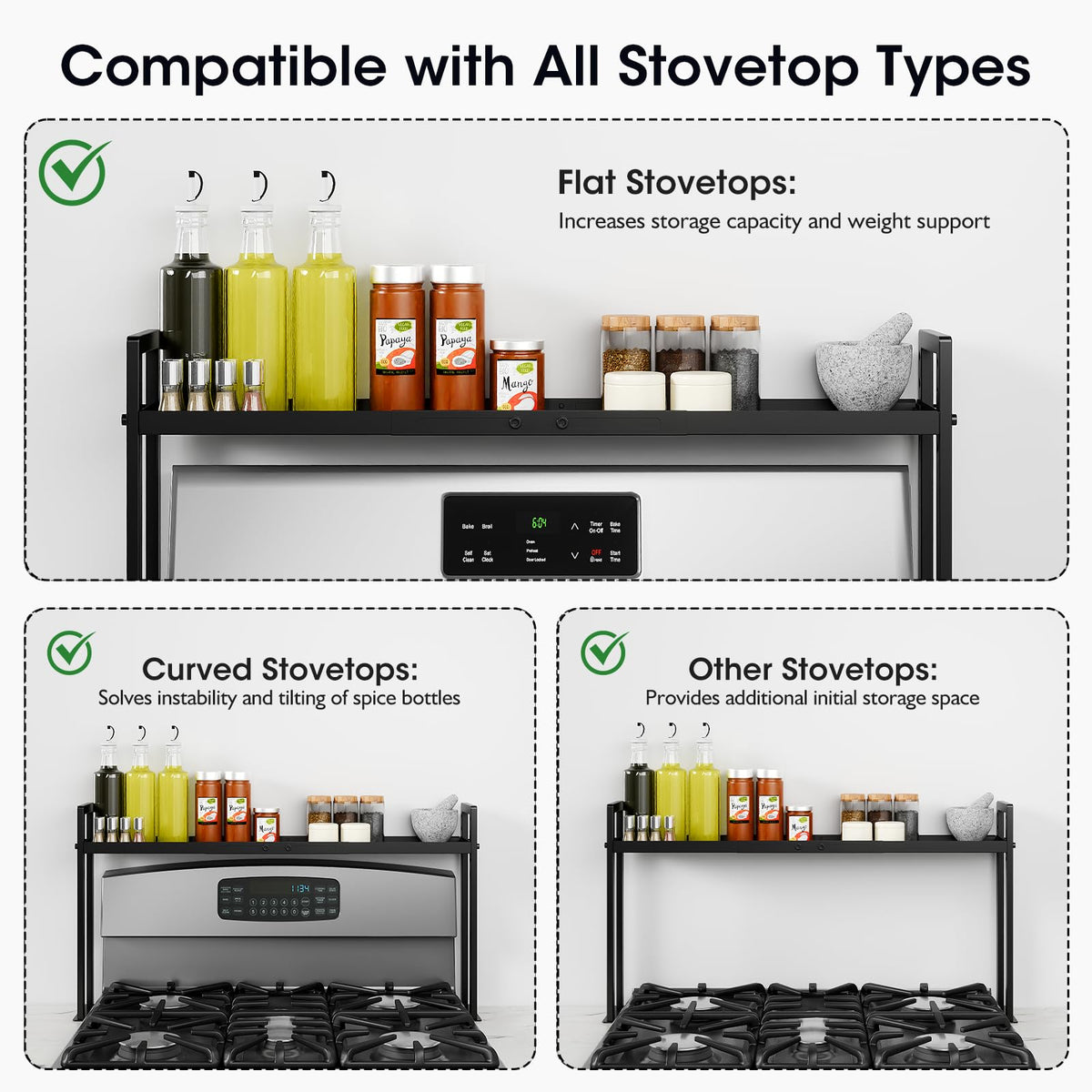 Bumusty Adjustable Stove Top Shelf, 4-Level Spice Rack, Black