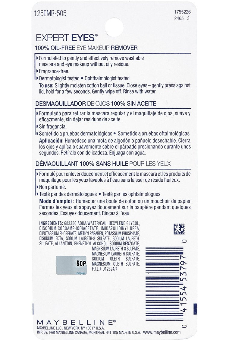 Maybelline Expert Eyes Oil-Free Eye Makeup Remover, For Washable Eye Makeup, 2.3 fl. oz.
