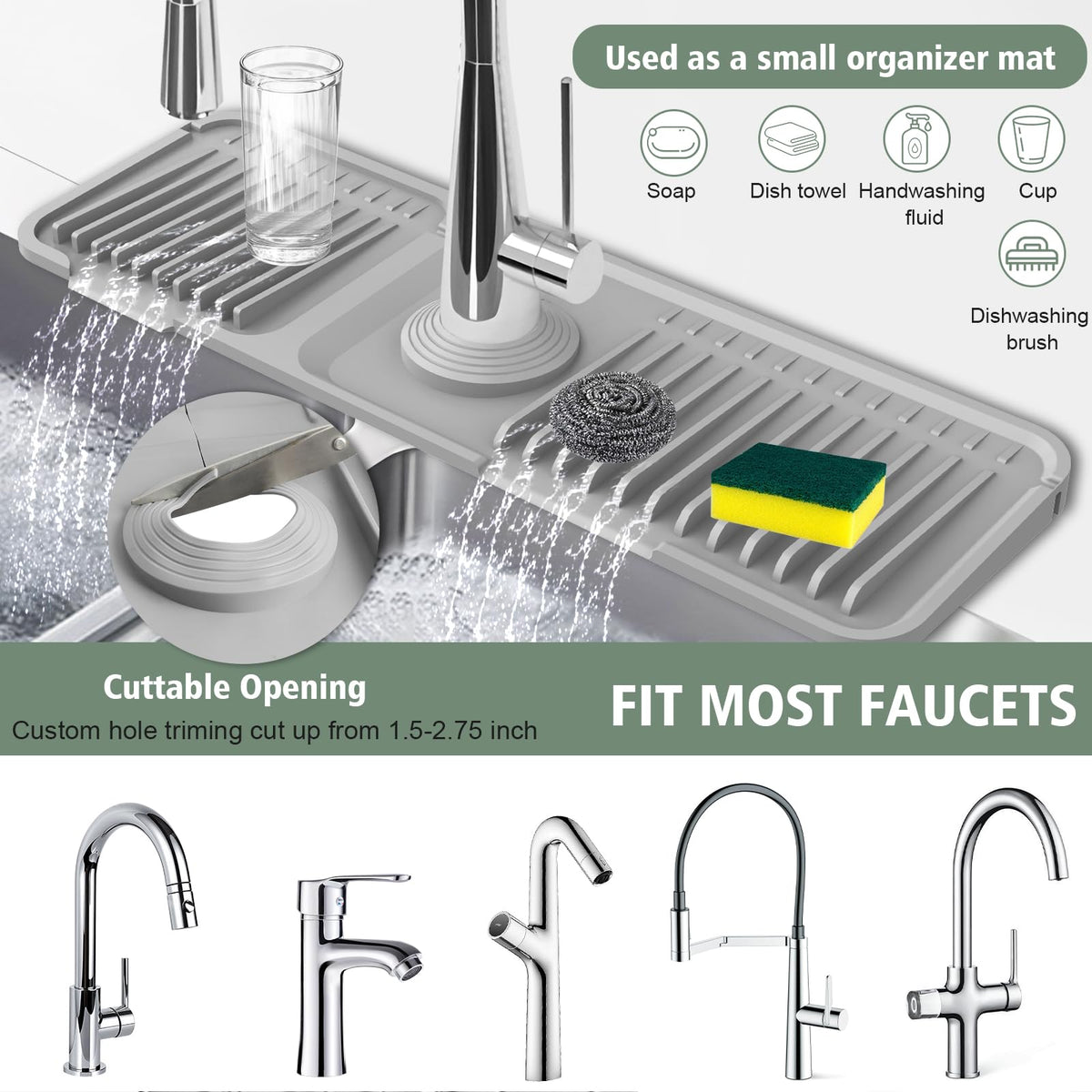 17.7-Inch Kitchen Sink Splash Guard Mat | 7° Slope for Fast Self-Draining | Snap-Lock Design | Universal & Cuttable Silicone Faucet Mat Gray