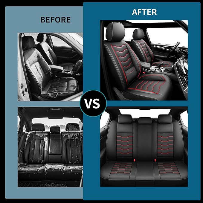 Fit Juke Car Seat Covers Compatible with Nissan Juke 2012-2015 2016 - Full Set Premium Leather， Waterproof Breathable， All-Weather Seat Cushion Protecto&Airbag Compatible（Red Line Black
