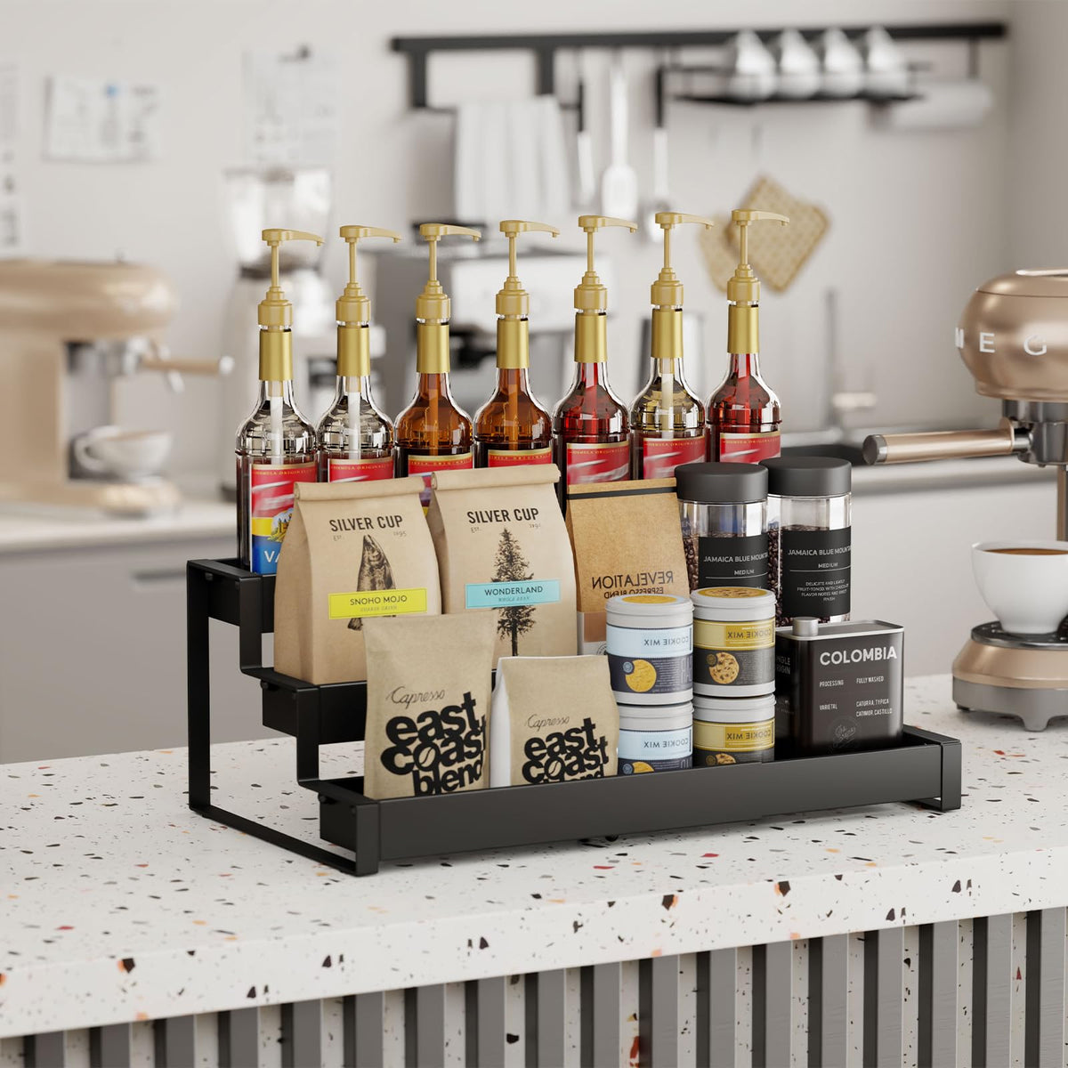 Expandable Coffee Syrup Organizer, 3-Tier Syrup Rack, 15-24 Bottles