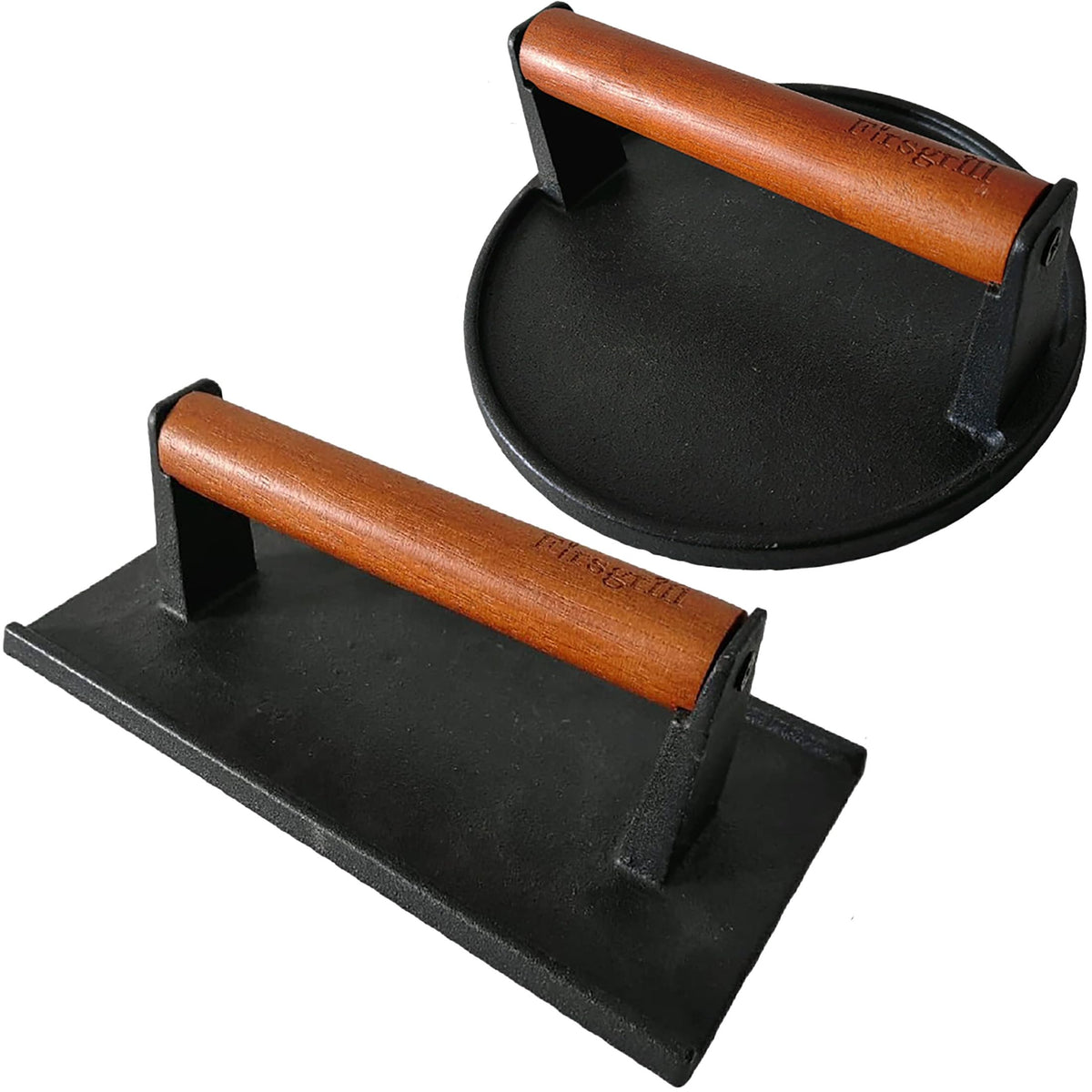 Firsgrill Burger Press 7.08" Round & 8.3”X4.3”Rectangle Heavy-Duty Cast Iron Smash Meat Steak With Wood Handle for Blackstone Camp chef Pitboss Weber Treager Griddle Grills (Round & Rectangle)