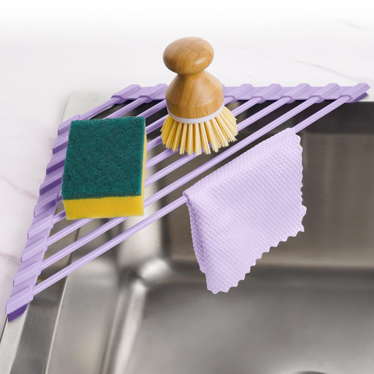 Tomorotec Triangle Roll Up Dish Drying Rack with Silicone Coating, Purple