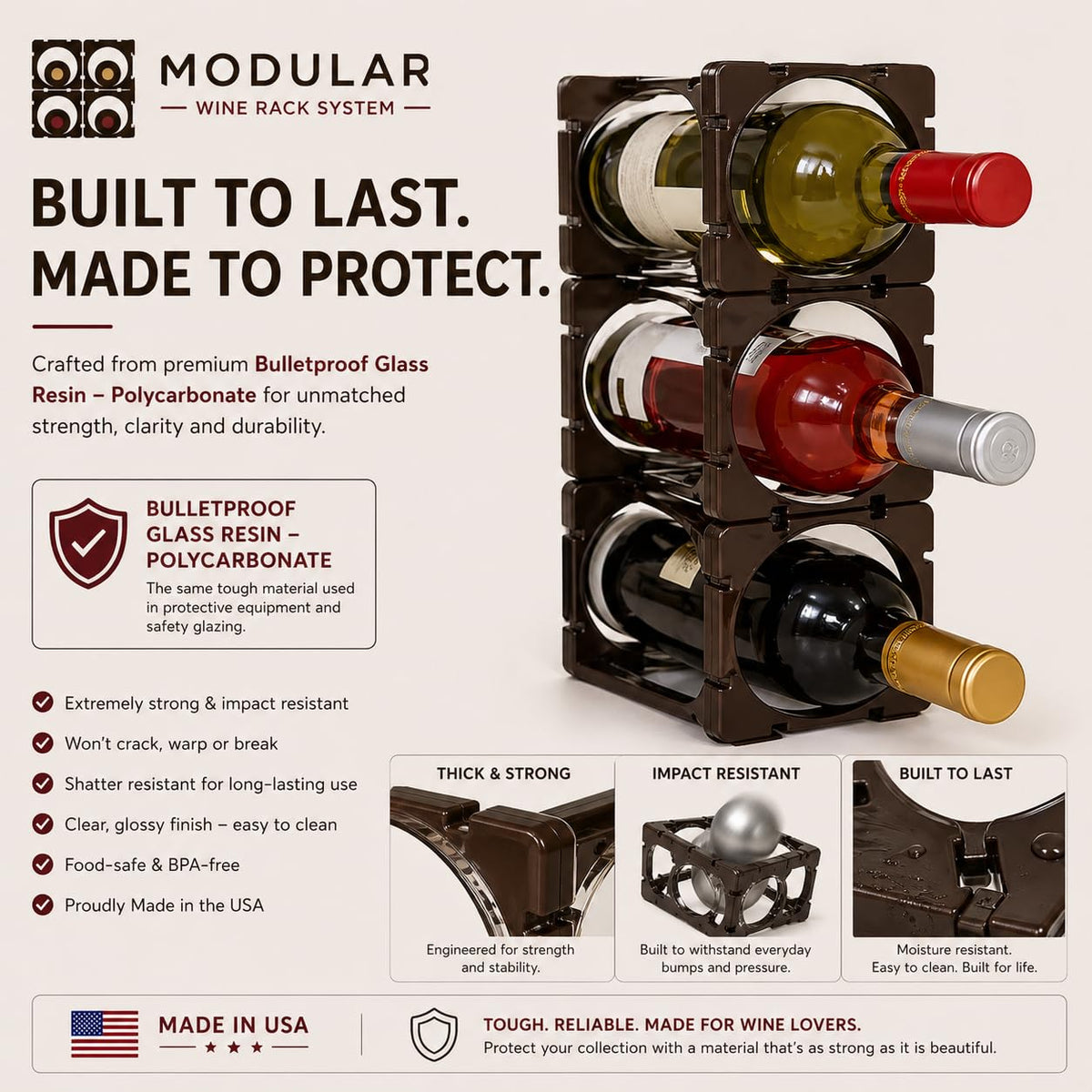 smart spring Modular Wine Rack System – Stackable & Expandable Wine Storage Rack, Customizable Bottle Organizer for Countertop, Cabinet or Fridge – Made in USA (6, Espresso Reserve)