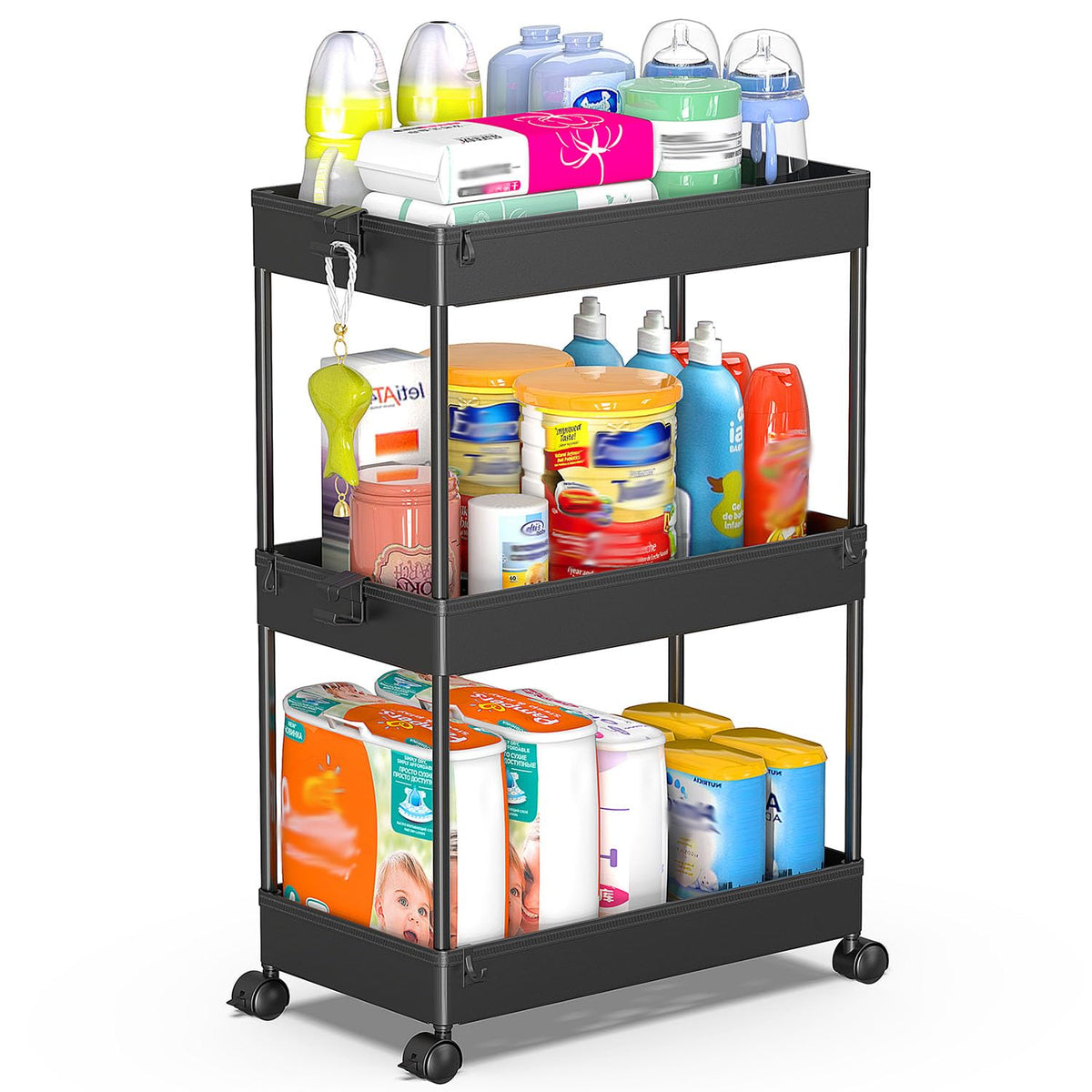 SPACEKEEPER 3 Tier Rolling Cart, Bathroom Cart Organizer with Wheels, Black