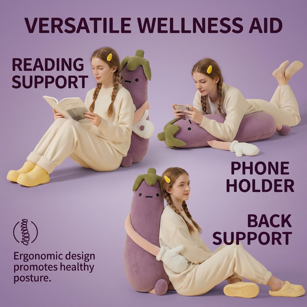 Eggplant Hugging Pillow,Eggplant Patting Pillow with RC Heat&Pat Arm+Bluetooth Voice Recording,Long Leg Hugger Sleep Cuddle Pillows,Adult Ultimate Sleeping Buddy (Tapping Model, S:27 * 7 * 7.5in)