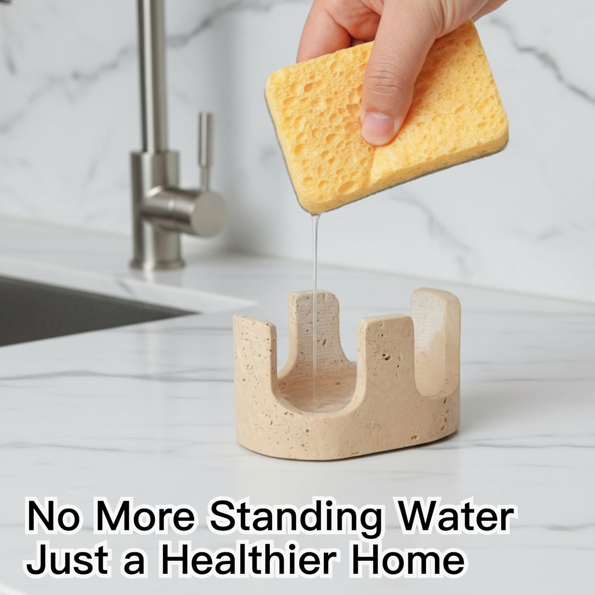 2 in 1 Travertine Sponge Holder, 2 Slot Natural Stone Sink Organizer with Raised Edge to Catch Drips,Keeps Sponges Dry & Countertop Clean, Heavy&Stable with Anti-Slip Base, Kitchen Decor,Double, Beige