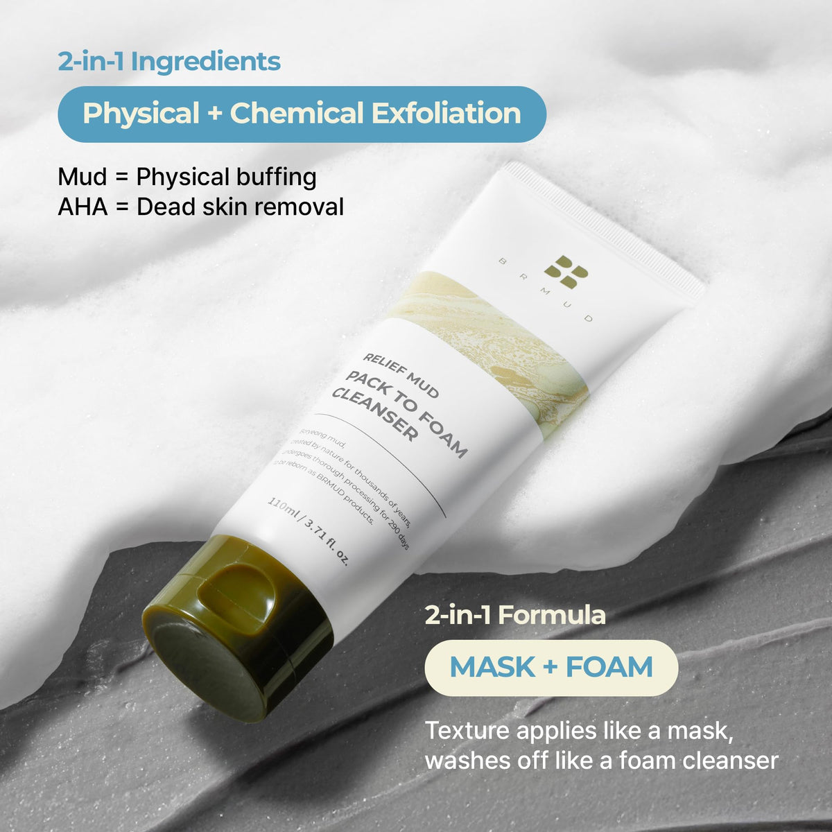BRMUD Relief Mud Pack To Foam Cleanser - Pore & Sebum Skin Care 3.71 fl oz