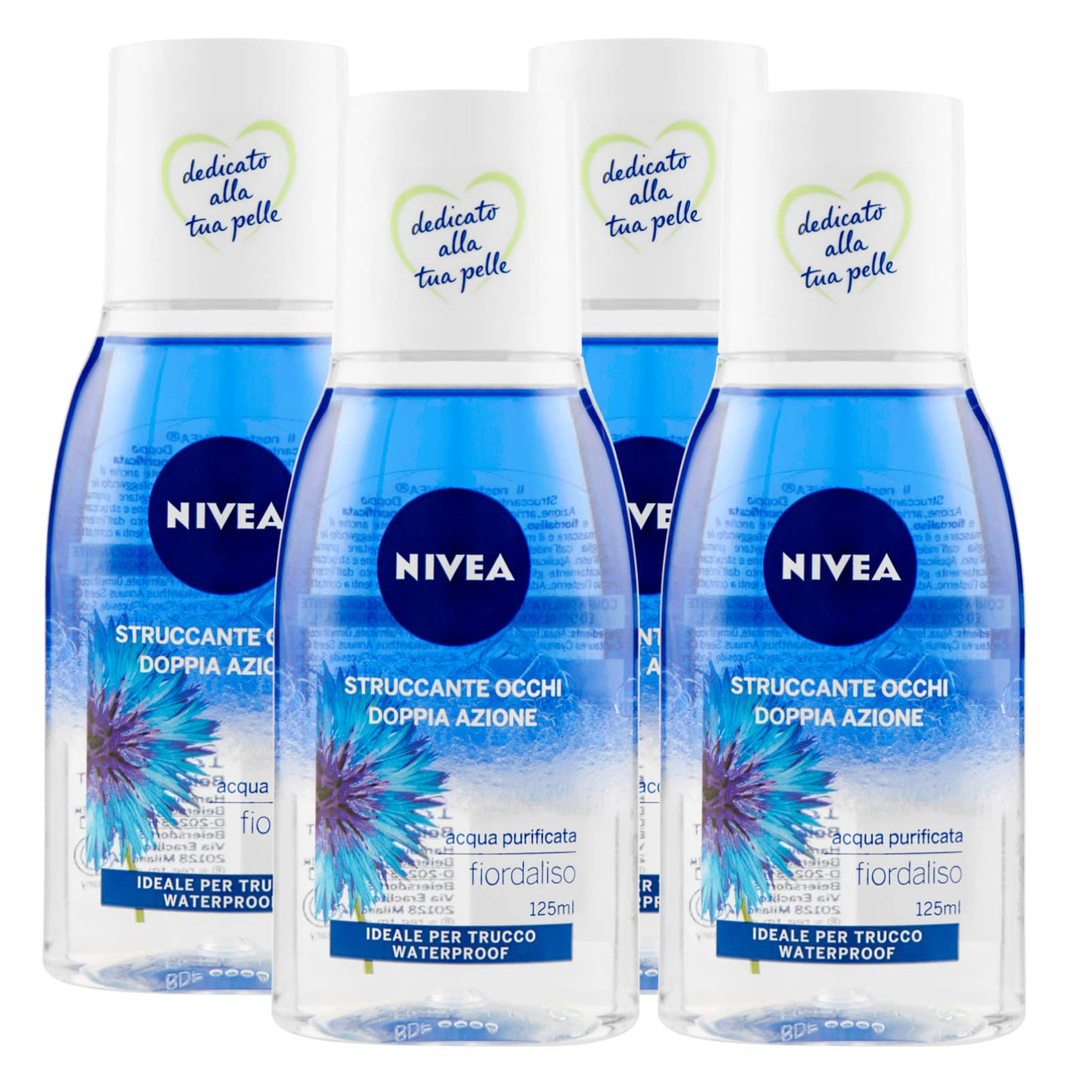 NIVEA Double Action Eye Makeup Remover with Purified Water and Cornflower Extracts Eliminate Waterproof Makeup - 4 x 125ml Bottles